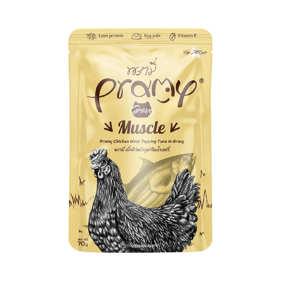 Pramy-Cat-Pouch-Muscle-Chicken-Meat-Topping-Tuna-In-Gravy-70gm Pramy Pouch Chicken Meat Topping Tuna In Gravy For All Cat 70gm - Image 1